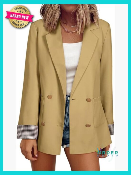 Jackets & Blazers - Double Breasted Plaid Blazer Open Front Business Casual Office Suit Jackets